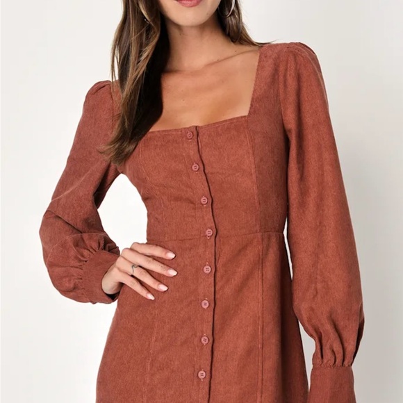 Rust Corduroy Long Sleeve Button-Down Dress - Picture 2 of 5